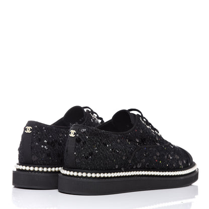 Chanel Tweed Grosgrain Sequin Pearl Lace Up Sneakers 42 Black 4 of 10