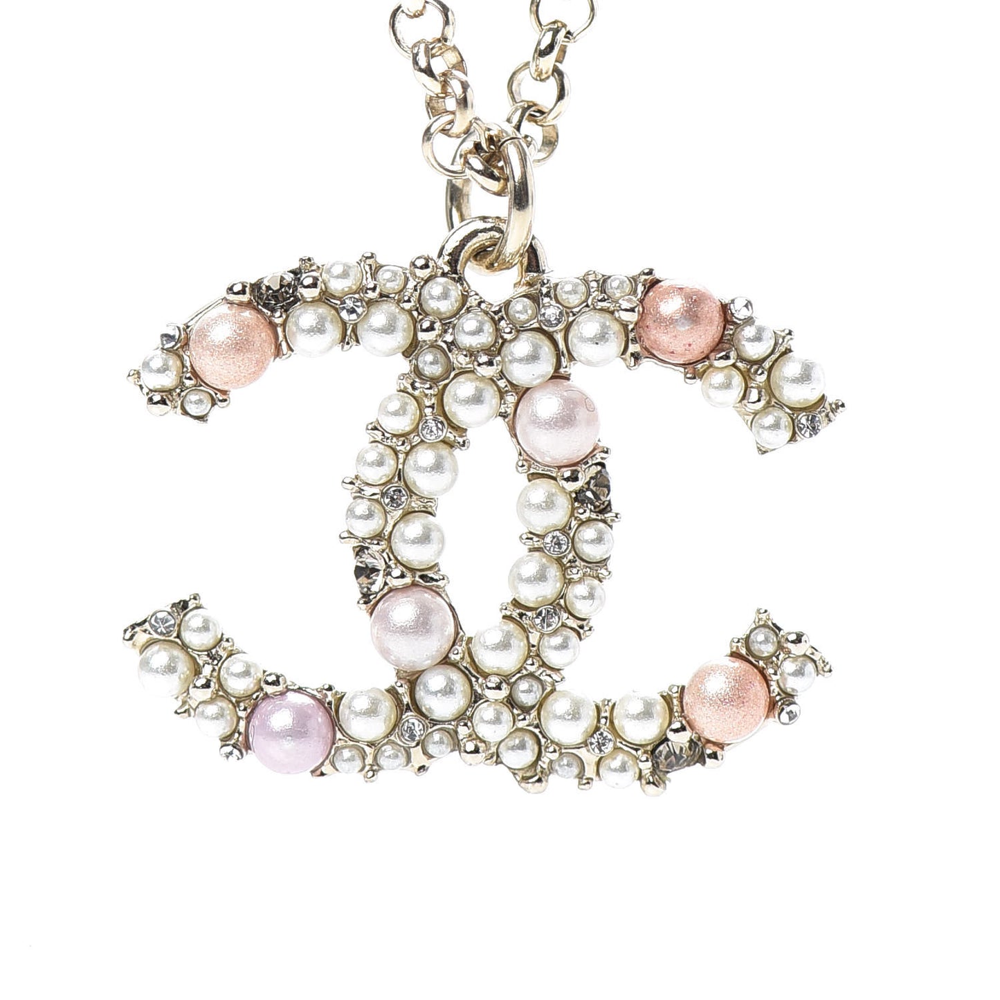 Crystal Pearl CC Pendant Necklace Gold Pink