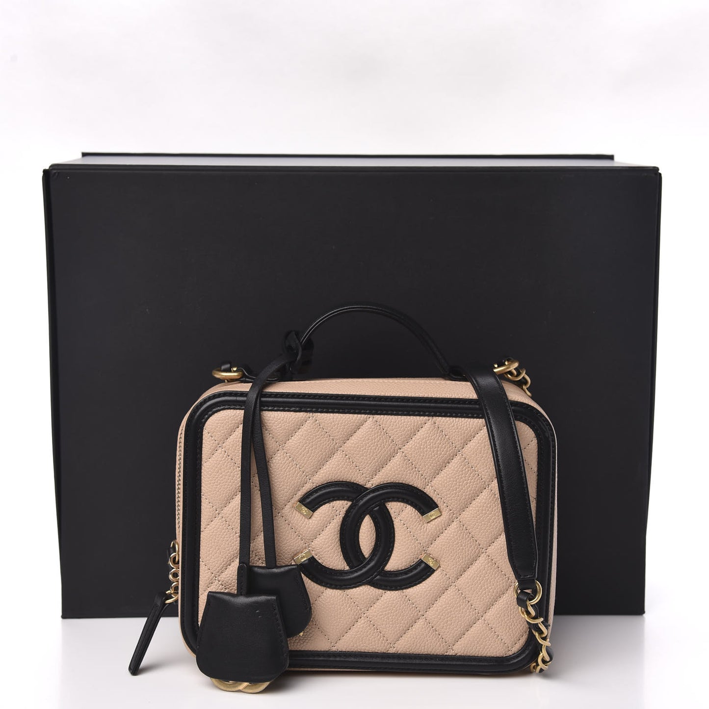 Caviar Quilted Medium CC Filigree Vanity Case Beige Black