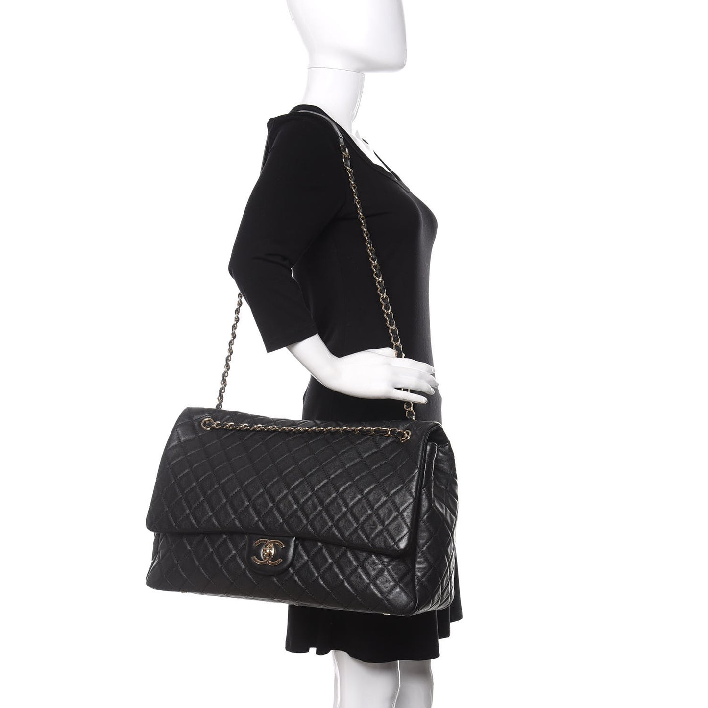 Calfskin Quilted XXL Travel Flap Bag Black