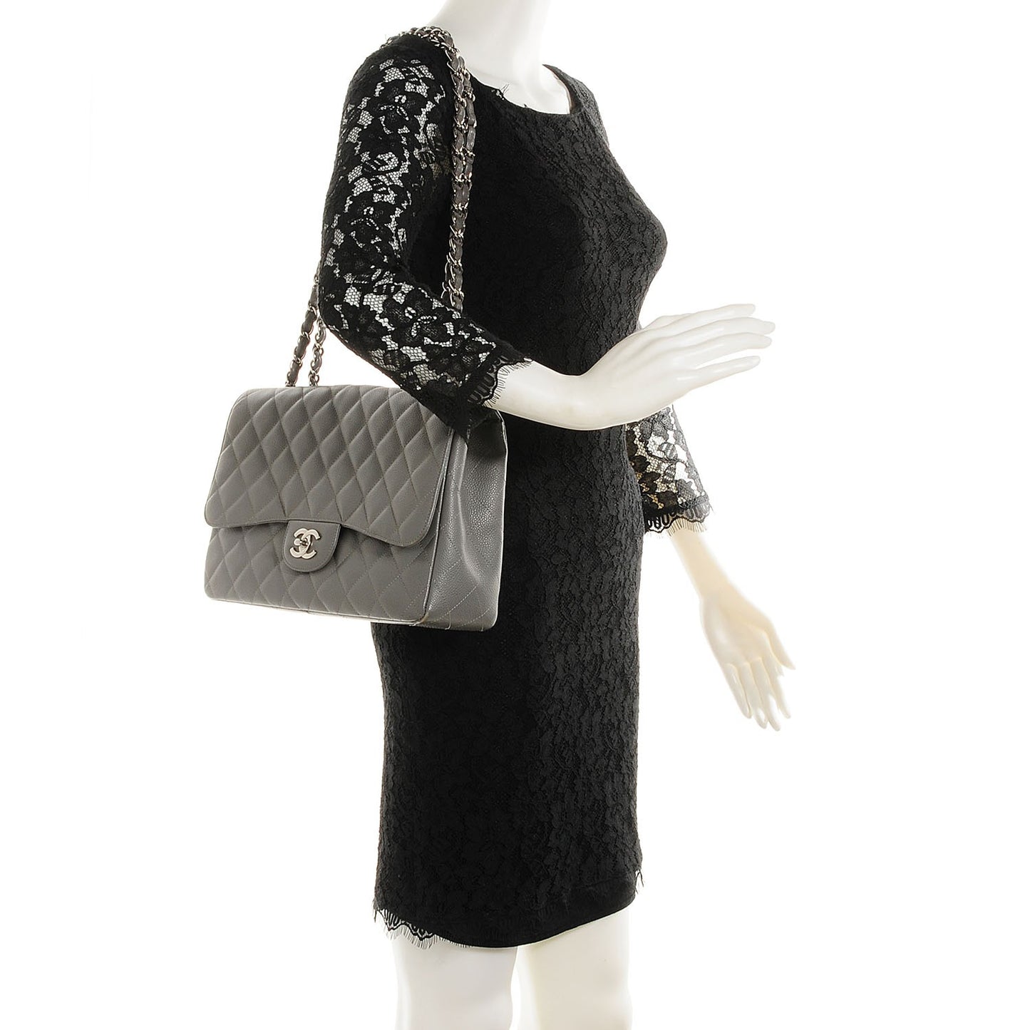Caviar Quilted Jumbo Single Flap Grey