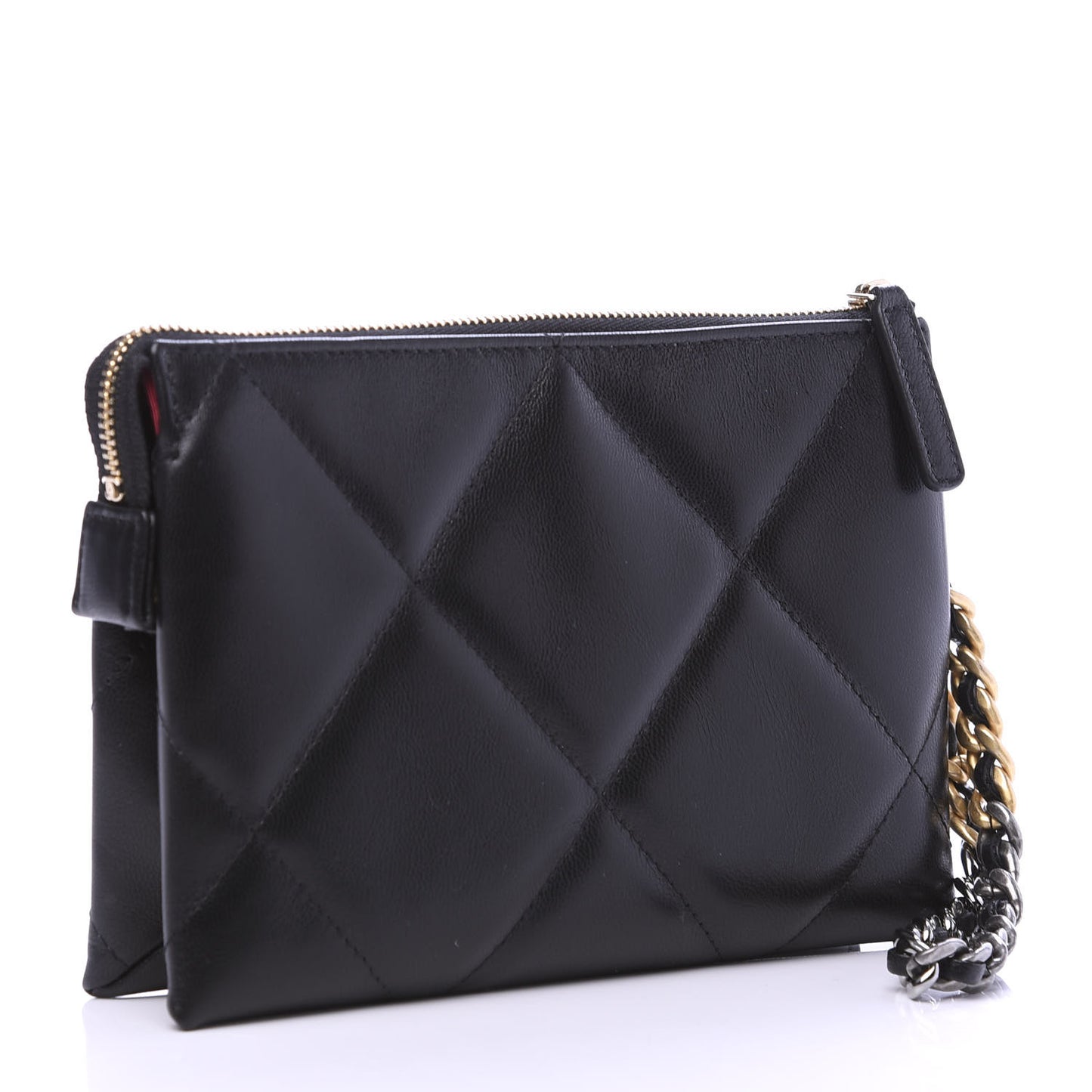 Shiny Goatskin Quilted Small Chanel 19 Pouch With Handle Black