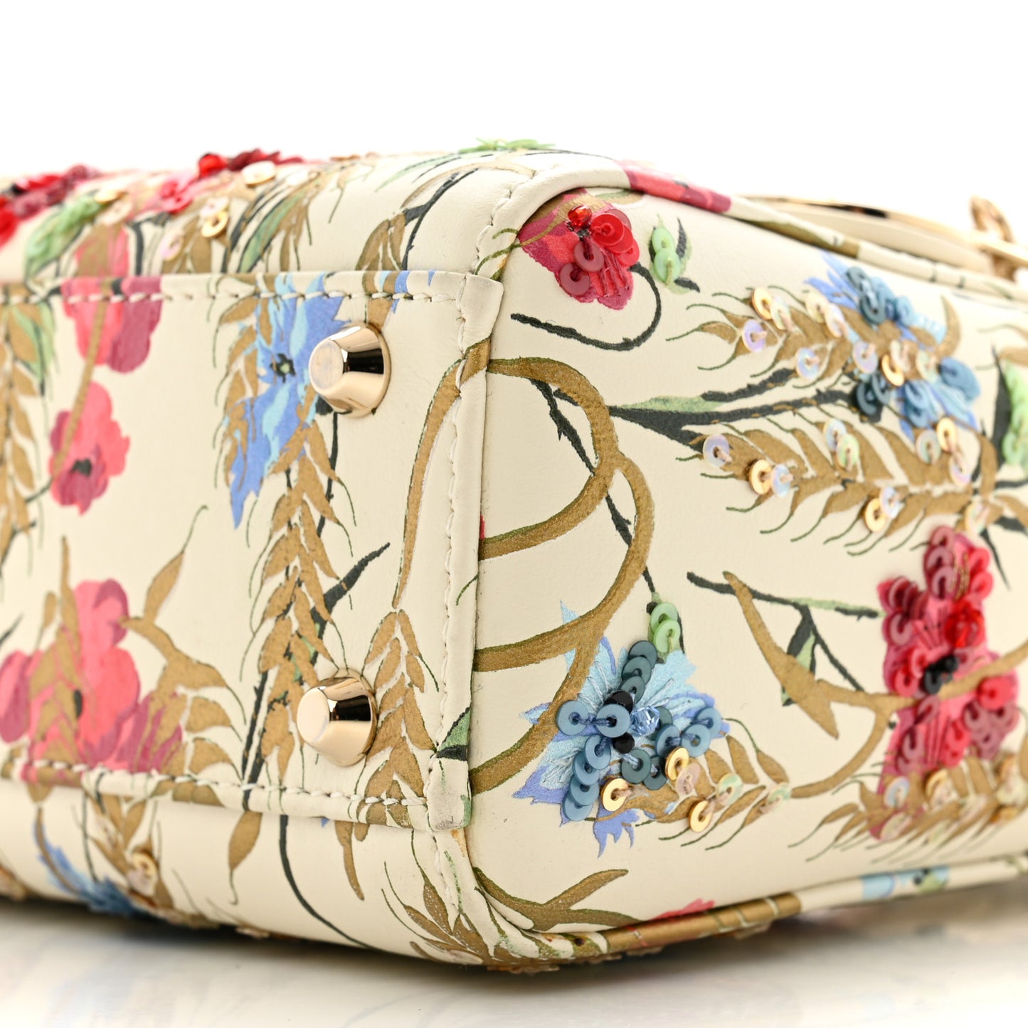 Calfskin Hibiscus Printed Embroidered Mini Lady Dior Beige Multicolor