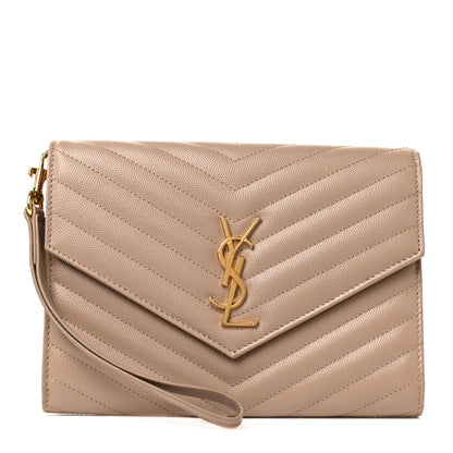 Saint Laurent Grain De Poudre Matelasse Chevron Monogram Envelope Clutch Dark Beige 1 of 8
