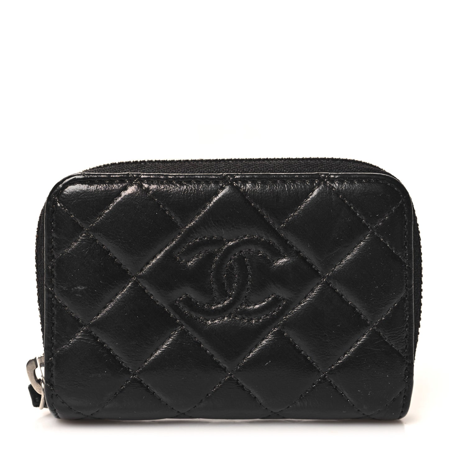 Lambskin Quilted Diamond CC Zip Around Coin Purse Black