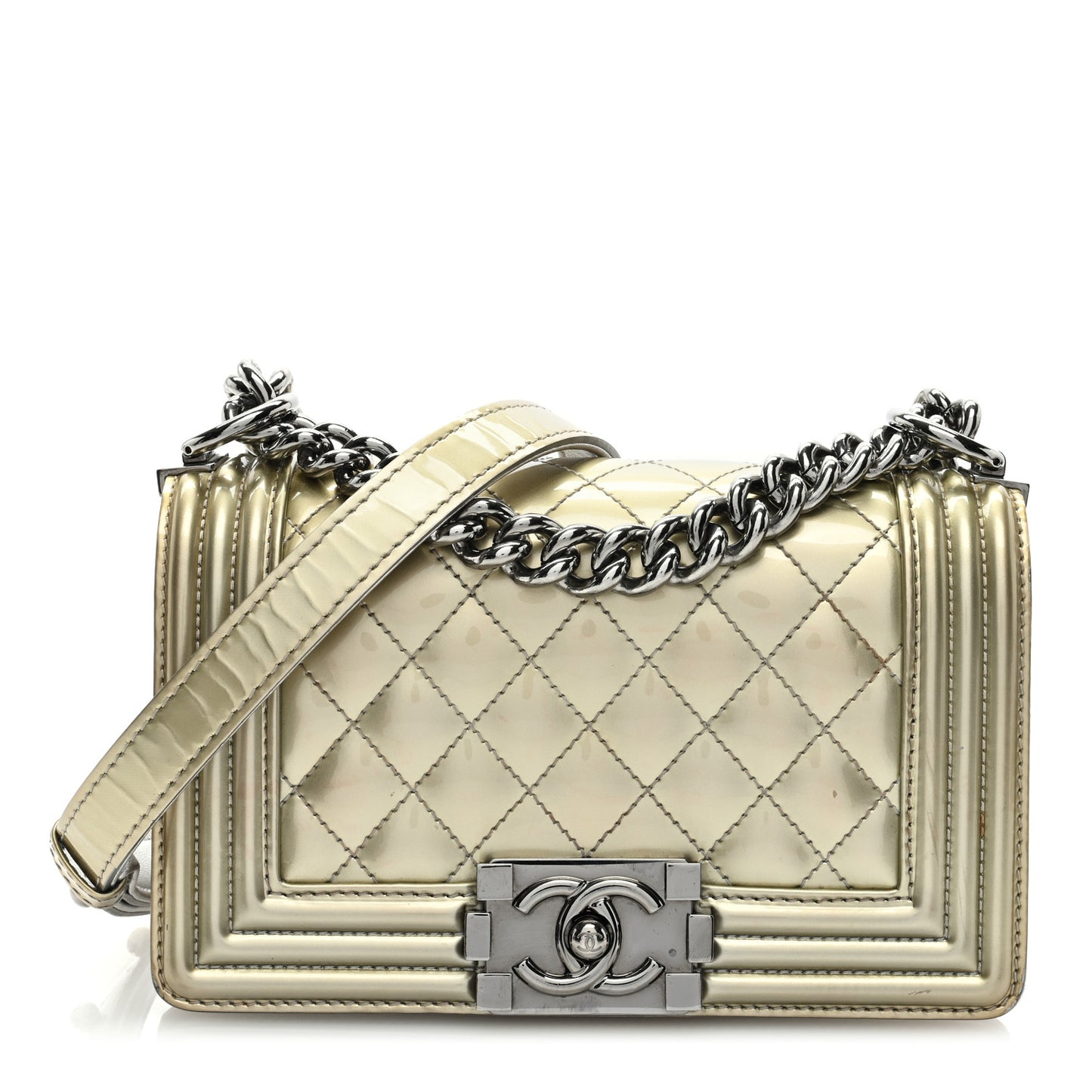 Metallic Patent Calfskin Quilted Small Boy Flap Silver