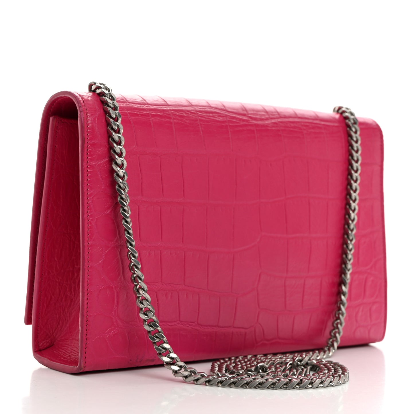 Calfskin Crocodile Embossed Medium Classic Monogram Kate Tassel Satchel Fuchsia