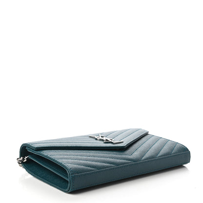Saint Laurent Grain De Poudre Matelasse Chevron Monogram Chain Wallet Petrol Green 4 of 11