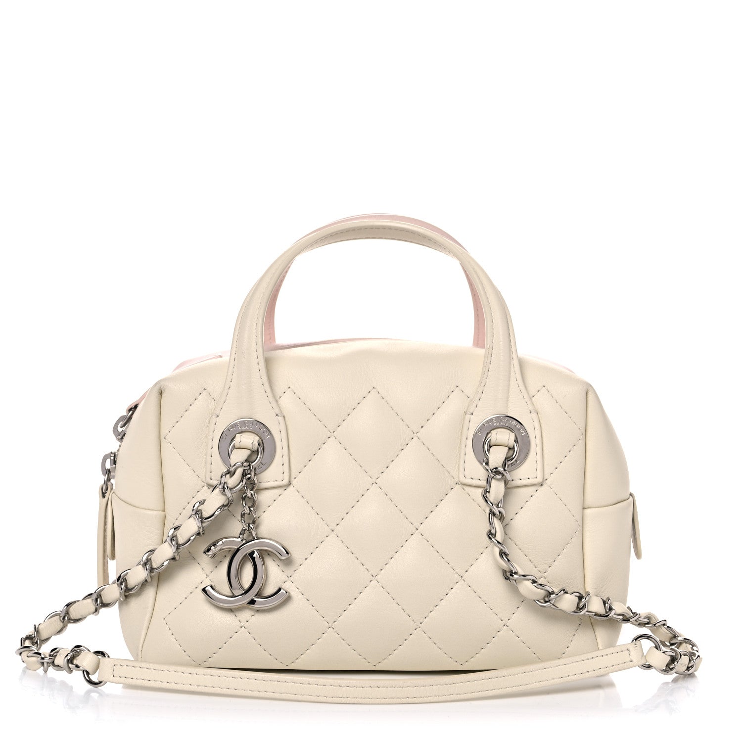 Chanel Calfskin Quilted Feather Weight Bowling Bag Ivory Light Pink 1 of 15