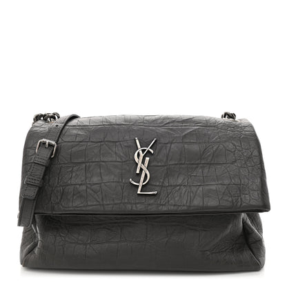 Saint Laurent Calfskin Crocodile Embossed Small West Hollywood Monogram Fold-Over Black 1 of 10