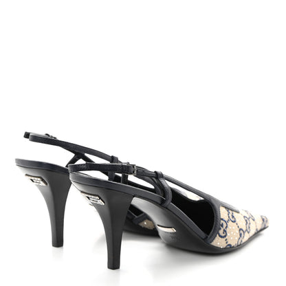 Gucci GG Monogram Malaga Kid Crystal Square G 35mm Slingback Pumps 37.5 Beige Blue 4 of 12