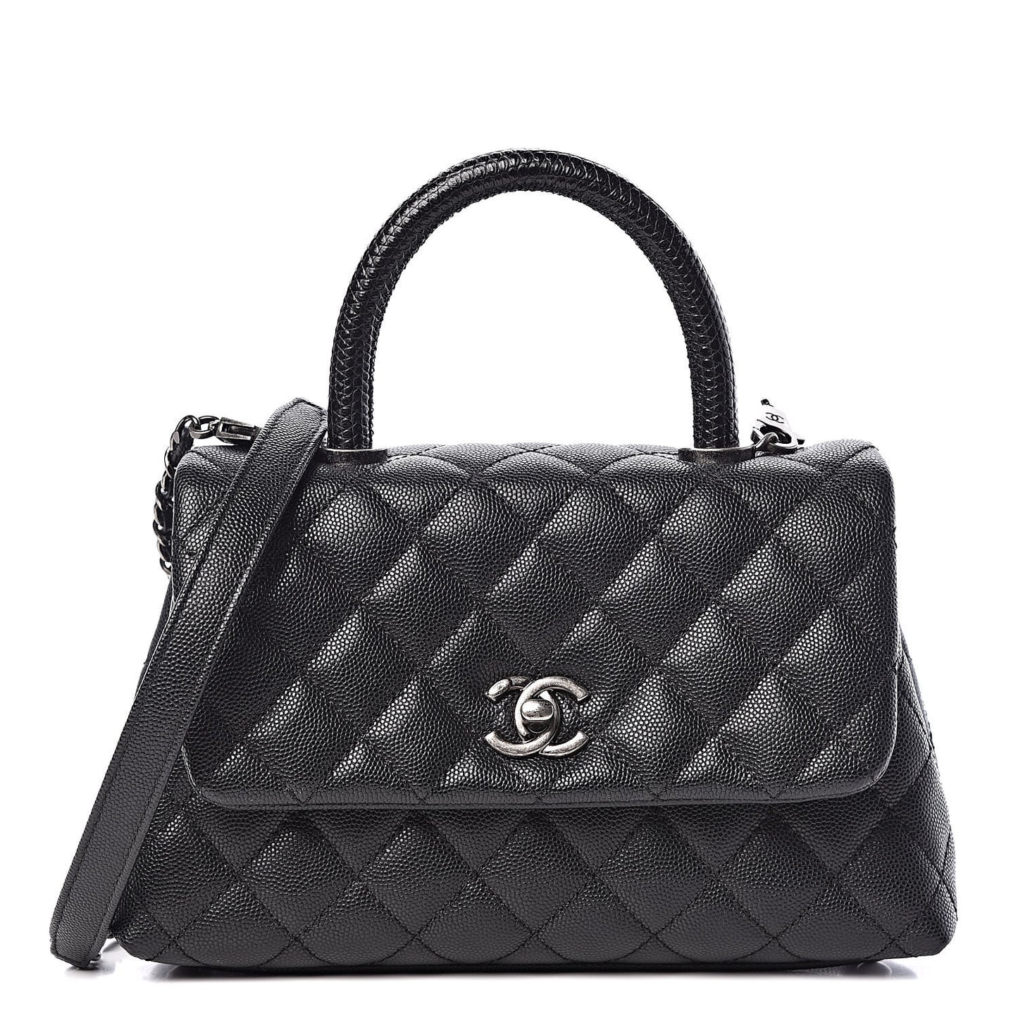 Caviar Lizard Quilted Mini Coco Handle Flap Black