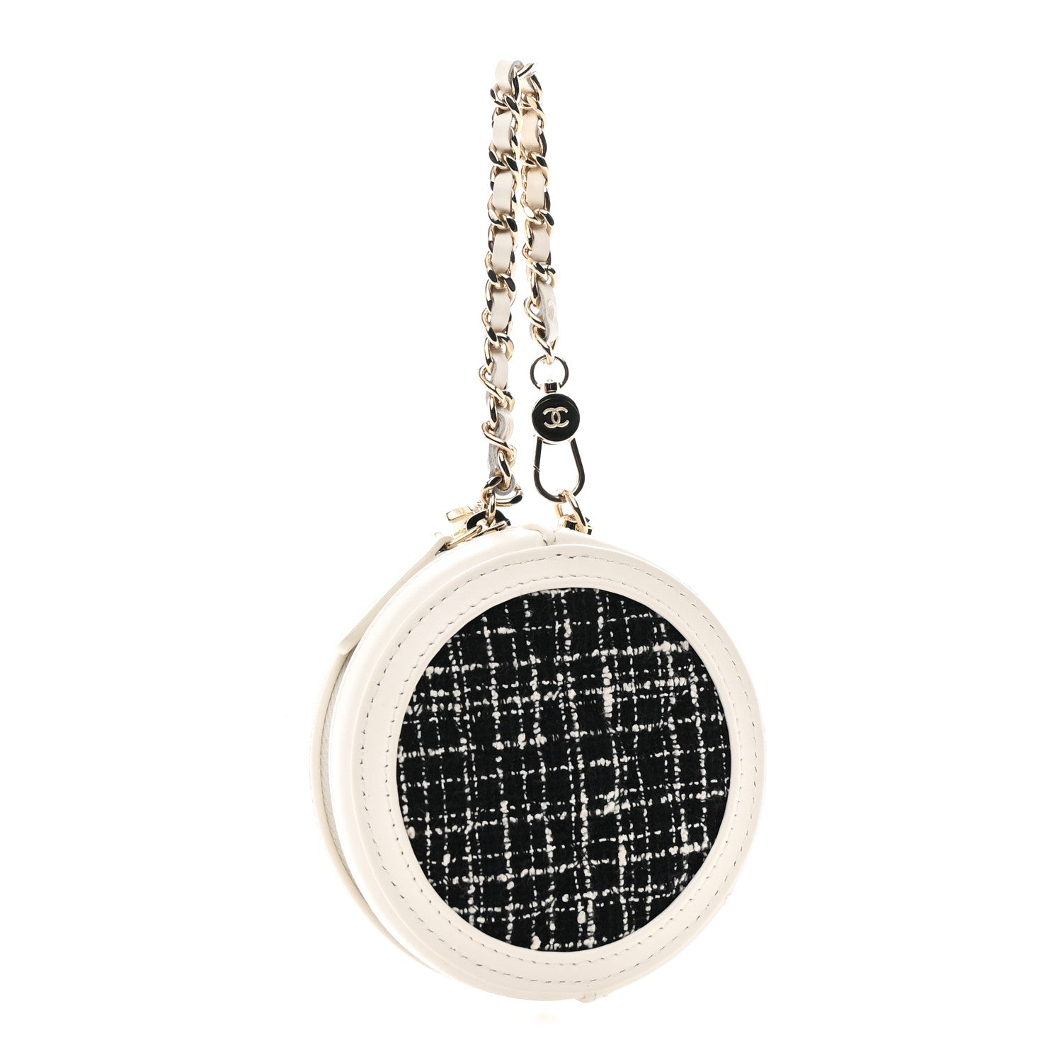 Chanel Tweed Quilted Round Filigree Pouch With Chain White Black 3 of 7