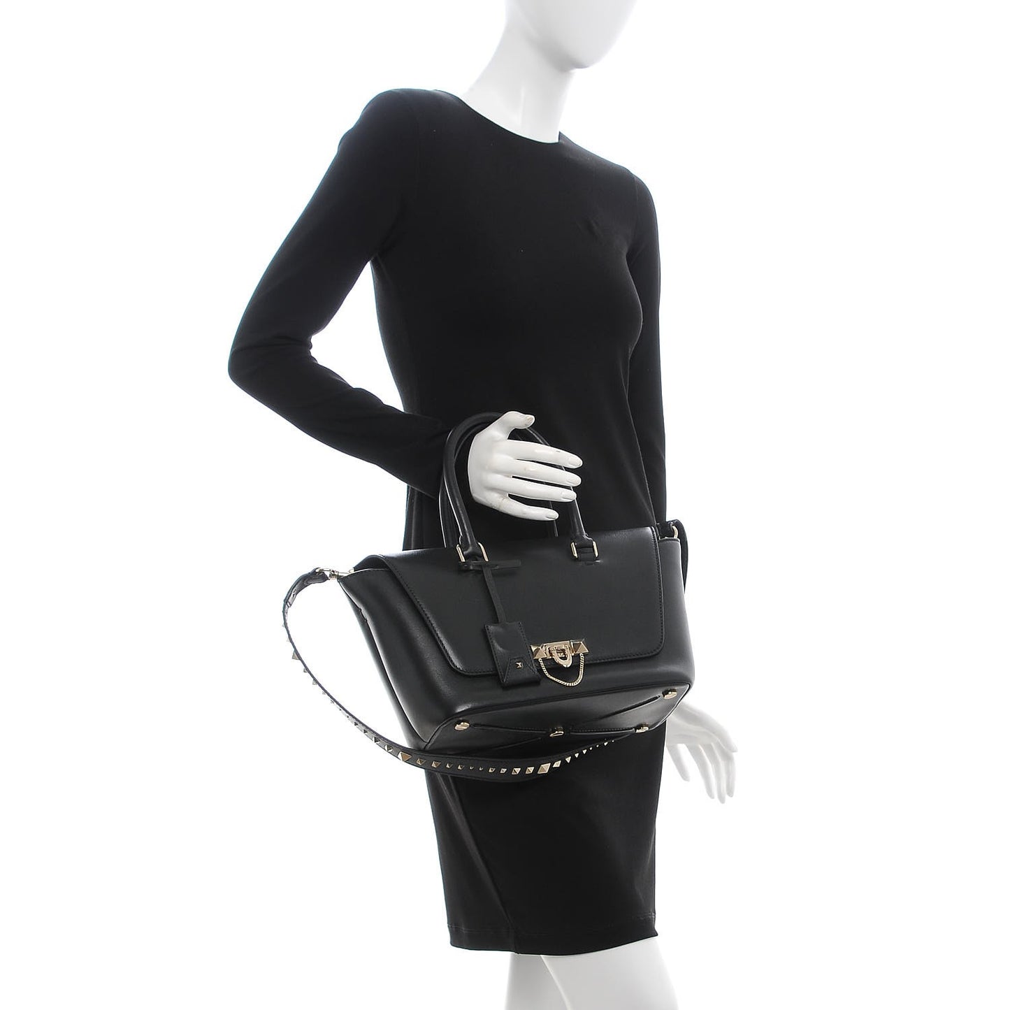 Calfskin Small Rockstud Demilune Double Handle Satchel Black