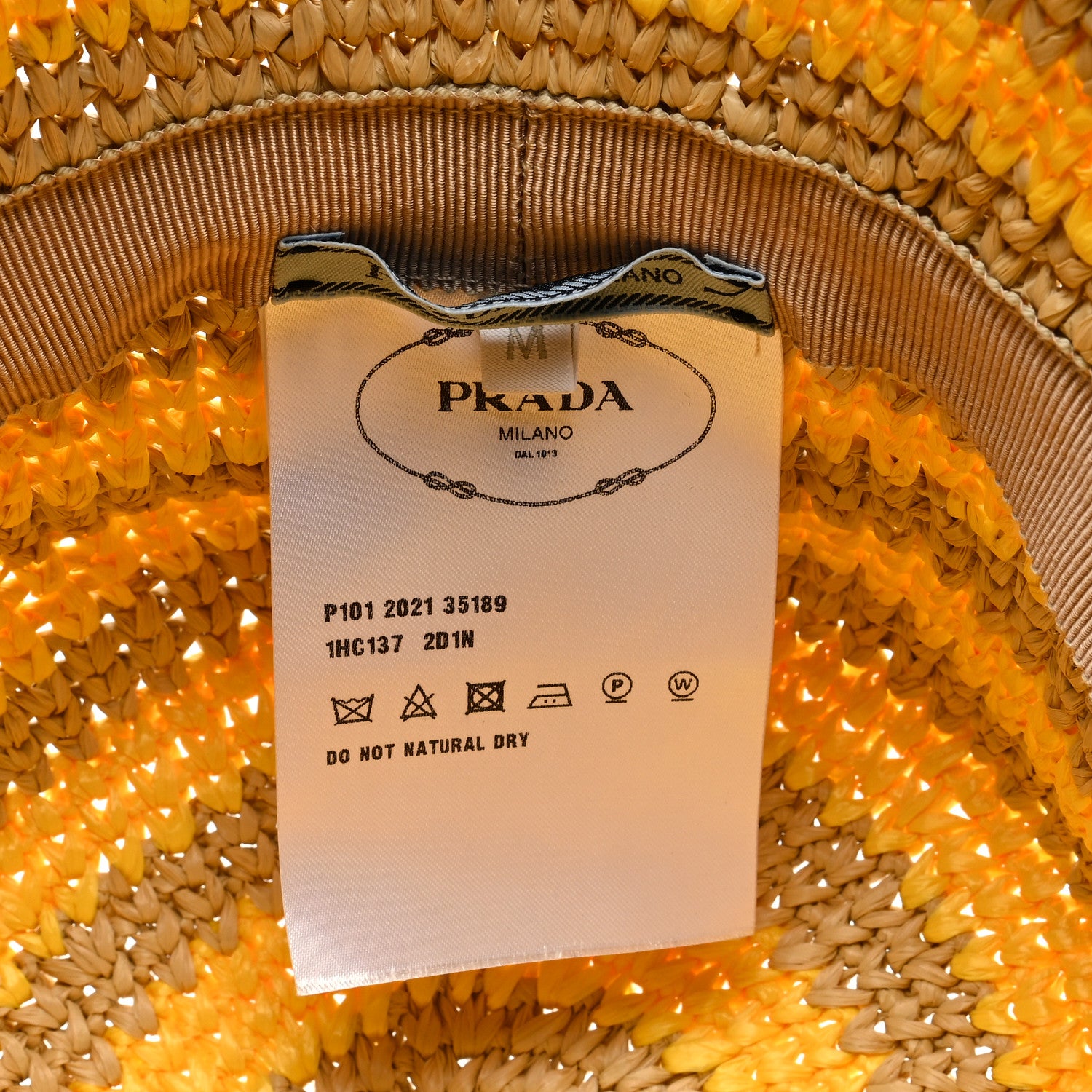 Prada Raffia Striped Logo Embroidered Womens Bucket Hat M Naturale Giallo 8 of 8