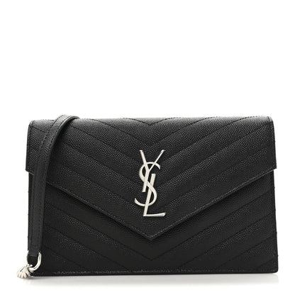 Saint Laurent Grain De Poudre Matelasse Chevron Monogram Envelope Chain Wallet Black 1 of 9