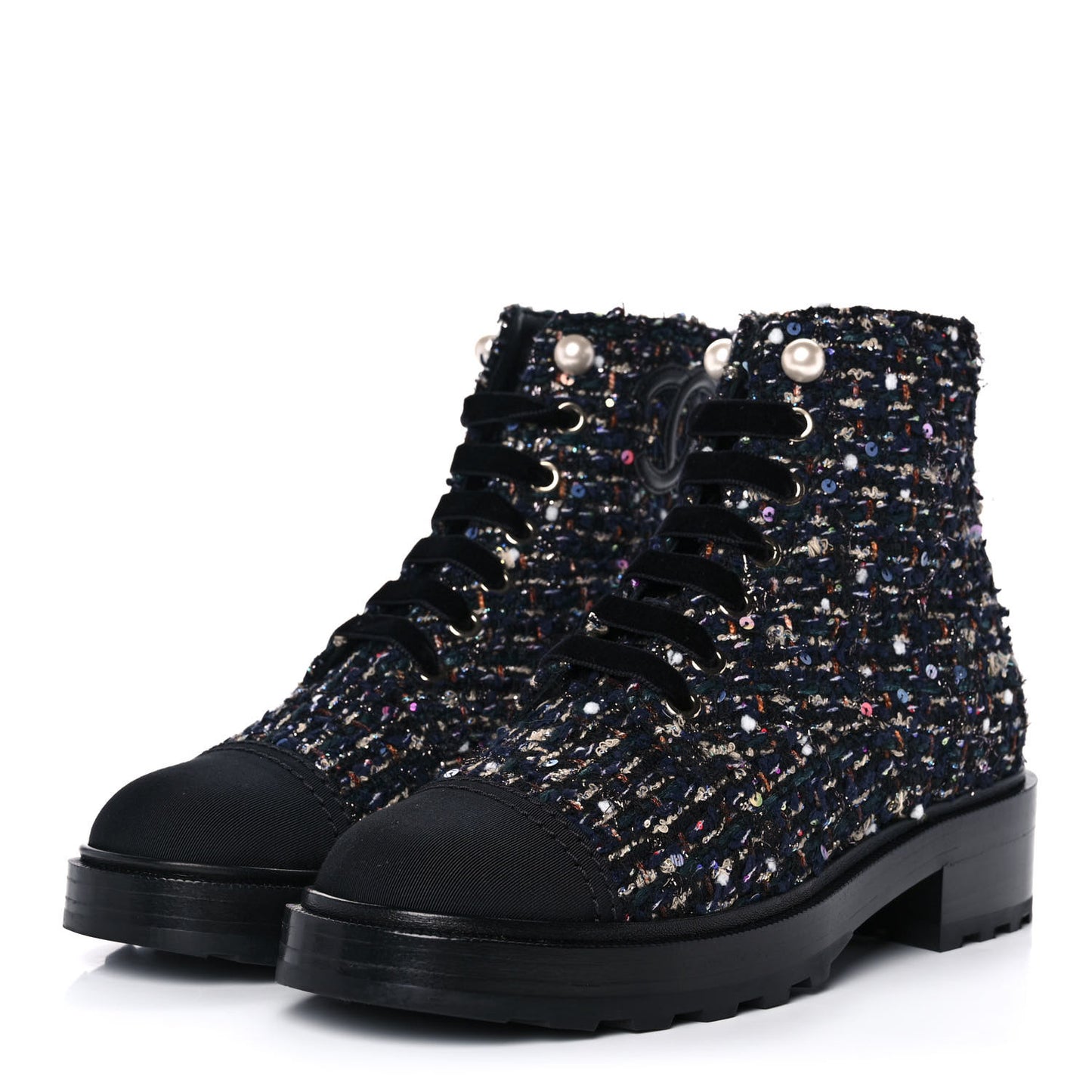Tweed Grosgrain Pearl Combat Short Boots 37 Black Multicolor