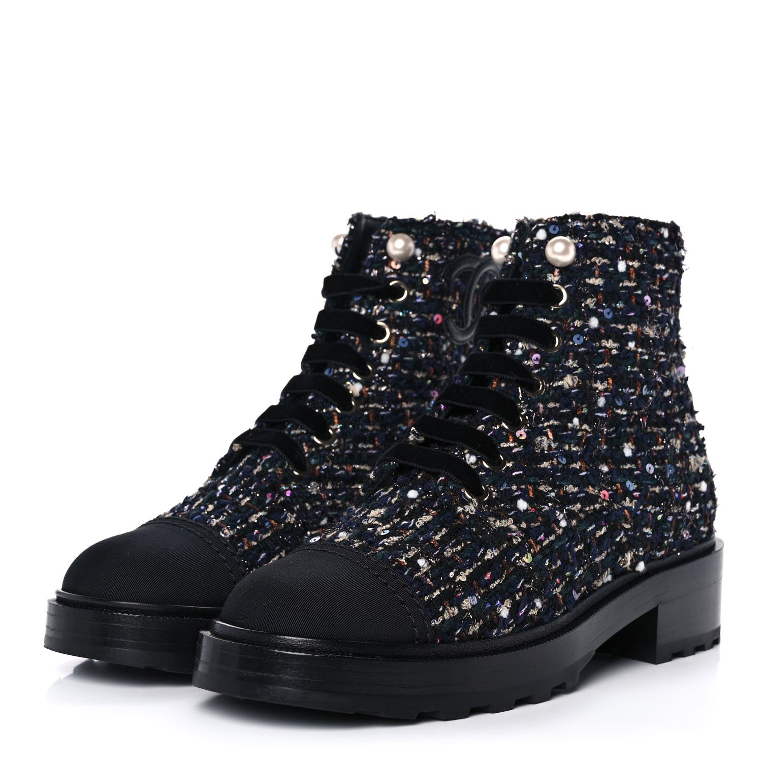 Chanel Tweed Grosgrain Pearl Combat Short Boots 37 Black Multicolor 3 of 9