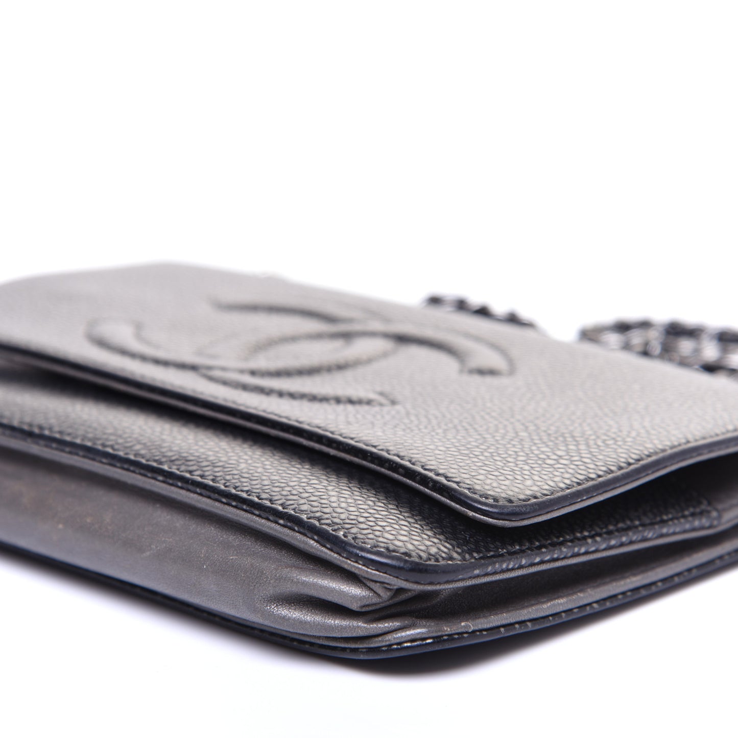 Metallic Caviar Timeless CC Wallet On Chain WOC Dark Silver