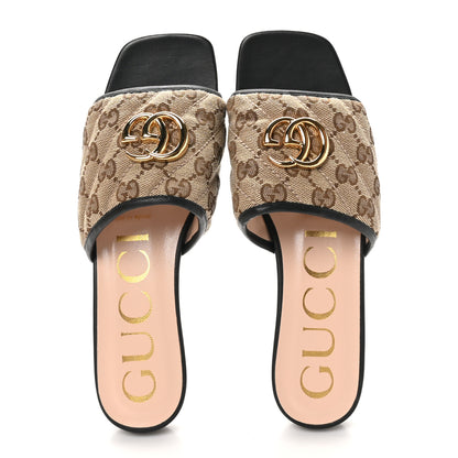 Gucci Monogram Matelasse Diagonal GG Marmont Flat Slide Sandals 36.5 Beige Ebony Black 2 of 9