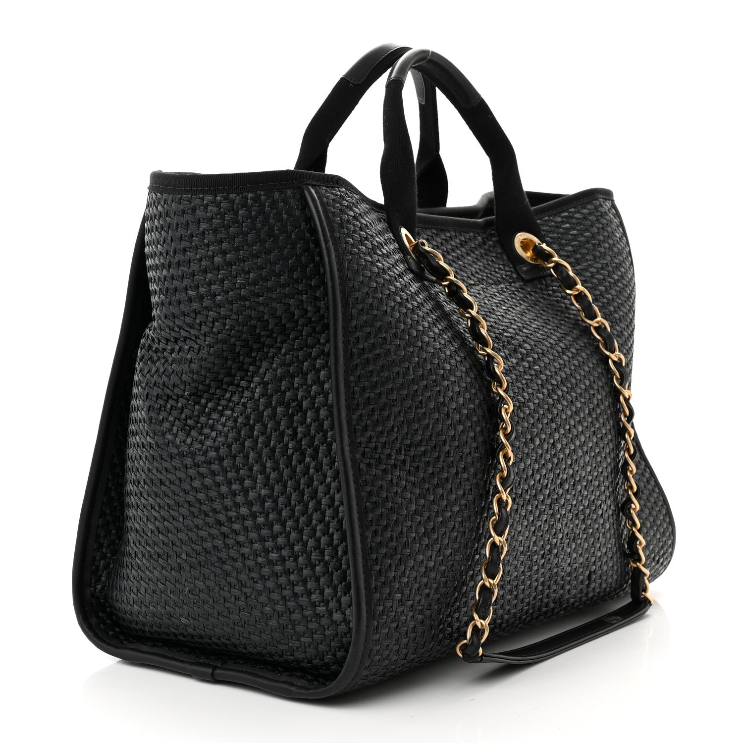 Chanel Straw Raffia Calfskin Chain Medium Deauville Tote Black 3 of 12