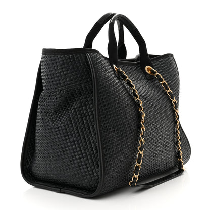 Chanel Straw Raffia Calfskin Chain Medium Deauville Tote Black 3 of 12