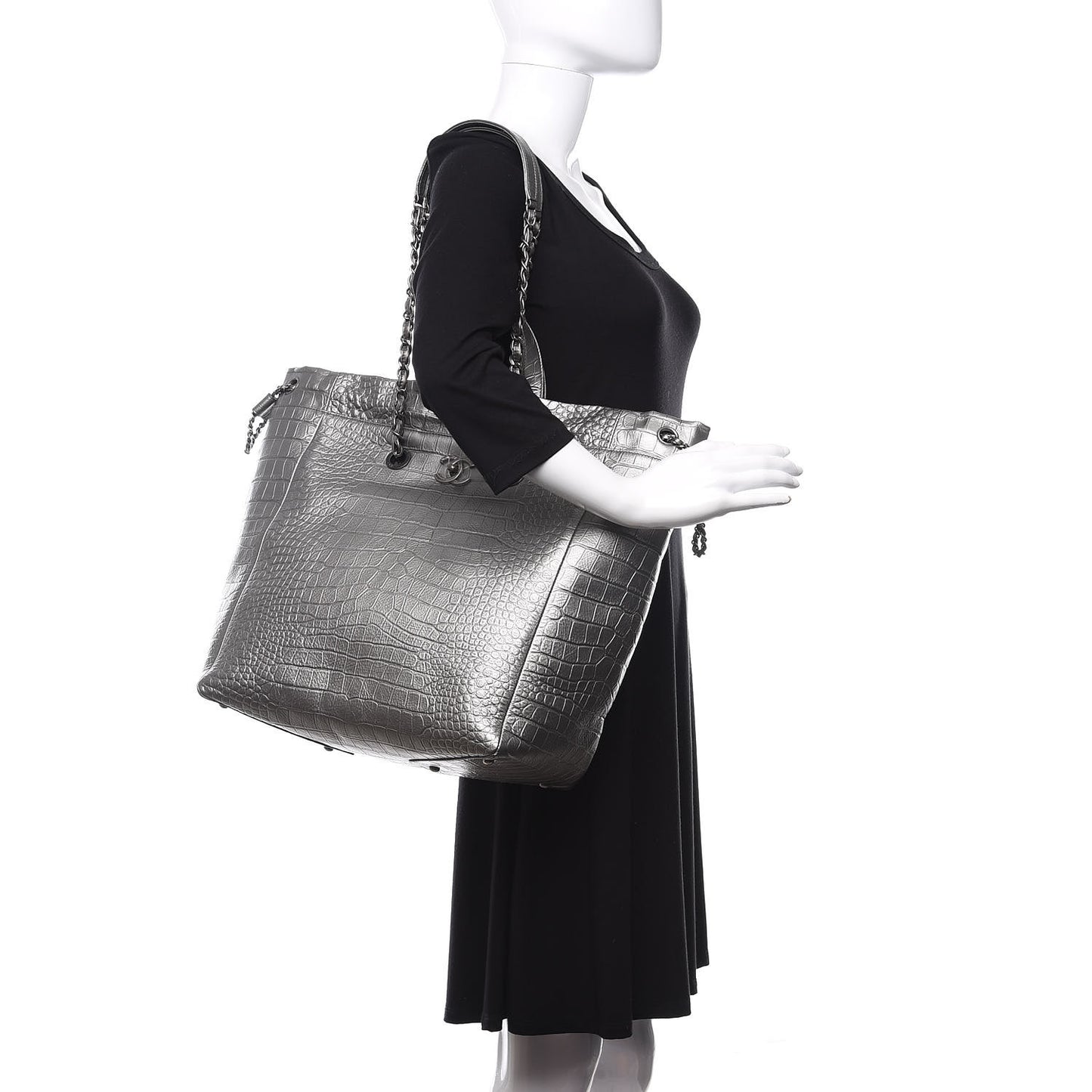 Calfskin Crocodile Embossed Large Cocodile Shopping Tote Silver