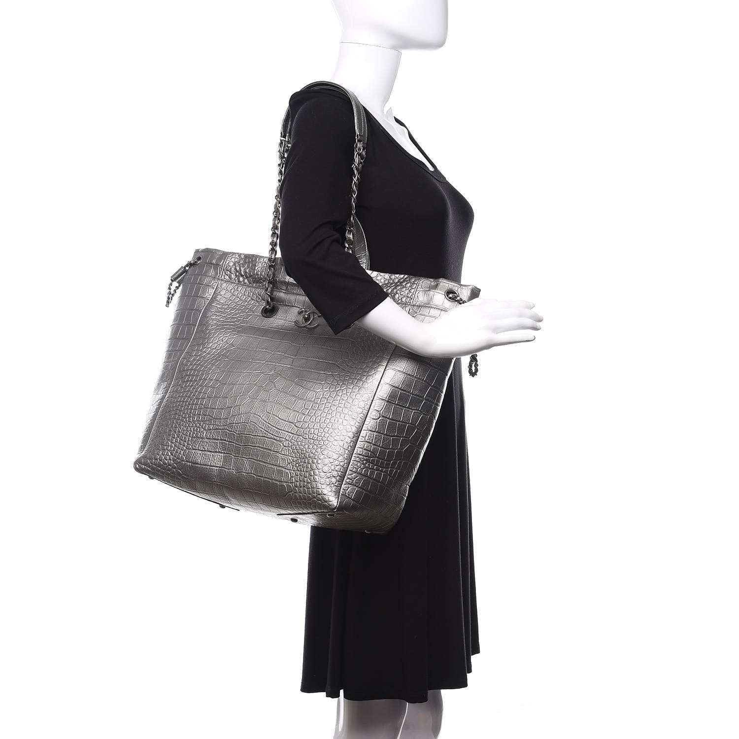 Chanel Calfskin Crocodile Embossed Large Cocodile Shopping Tote Silver 2 of 9