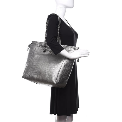 Chanel Calfskin Crocodile Embossed Large Cocodile Shopping Tote Silver 2 of 9