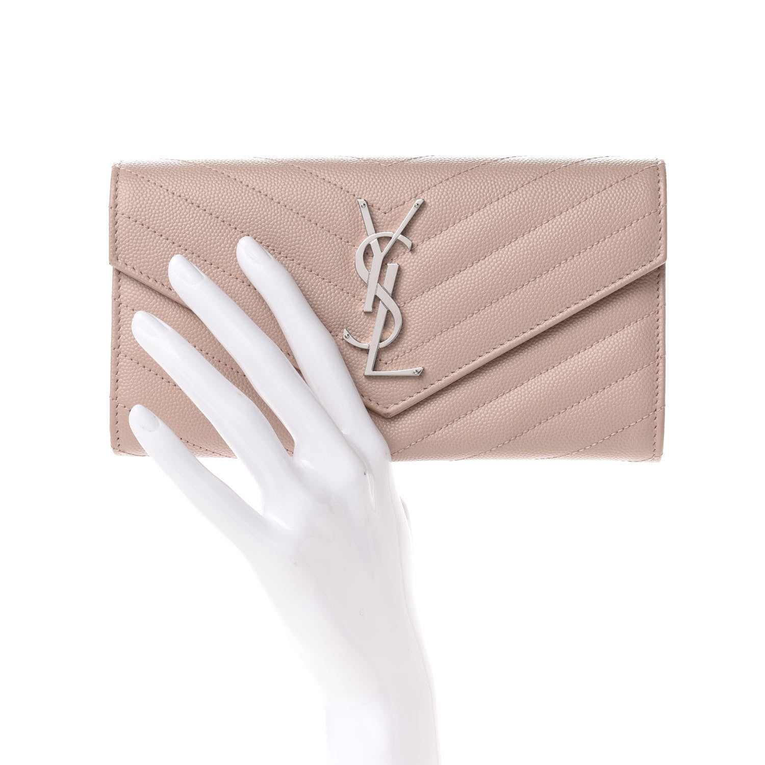 Saint Laurent Grain De Poudre Matelasse Chevron Monogram Flap Wallet Pale Pink 2 of 7