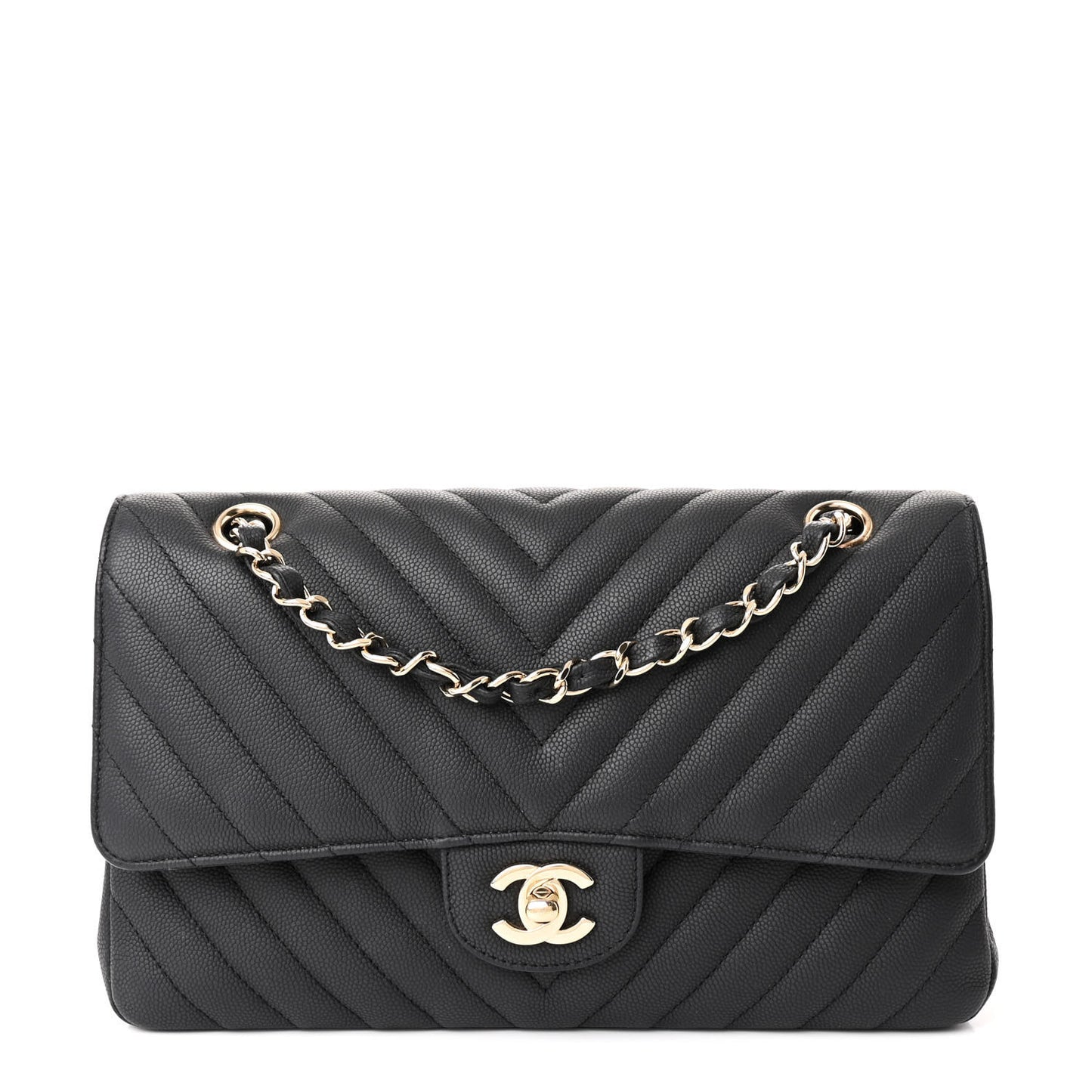 Caviar Chevron Quilted Medium Double Flap Black