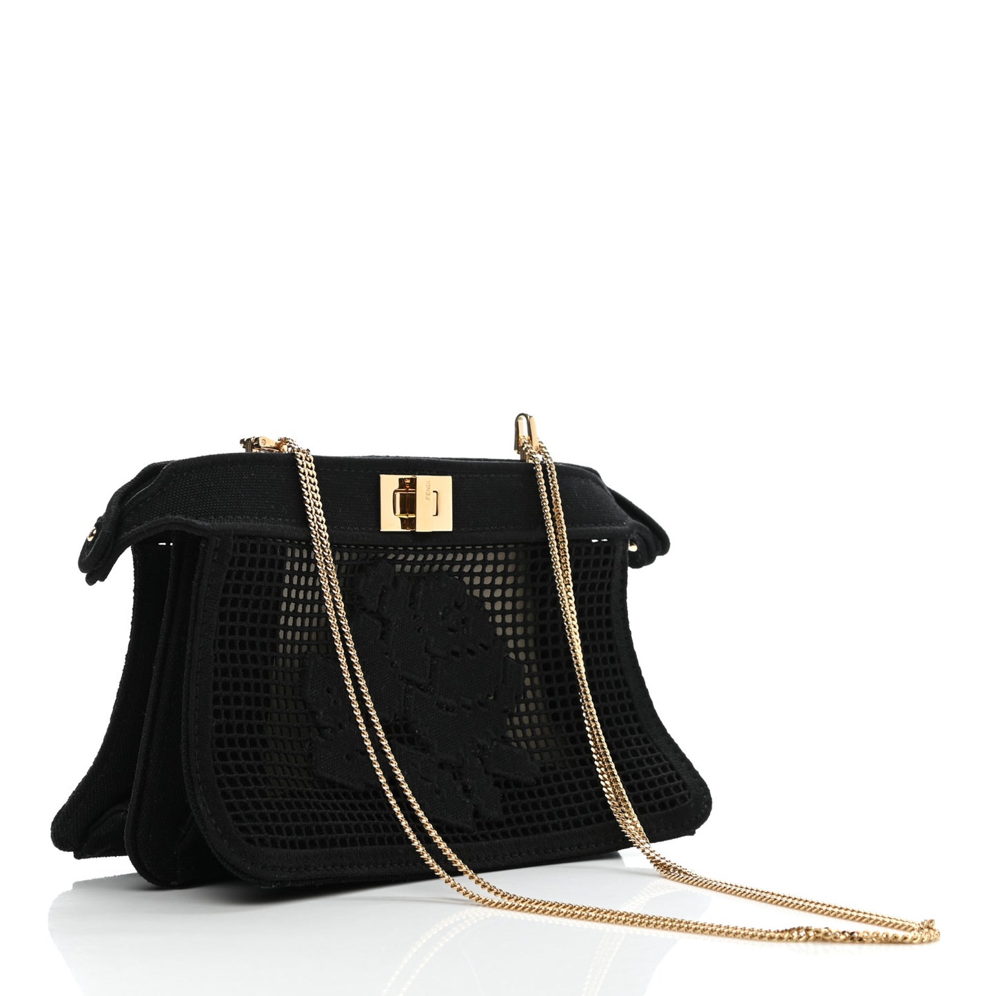 Canvas Floral Embroidered Small Peekaboo I SEE U East West Chain Satchel Black