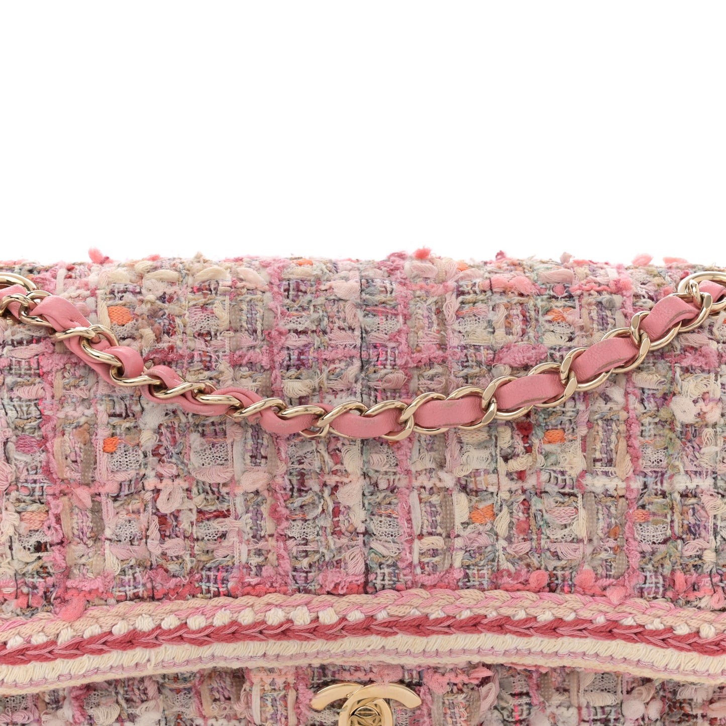 Tweed Braided Medium Flap Pink Beige Orange Ecru