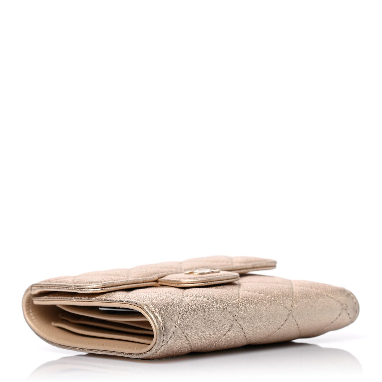 Metallic Lambskin Quilted Compact Flap Wallet Gold