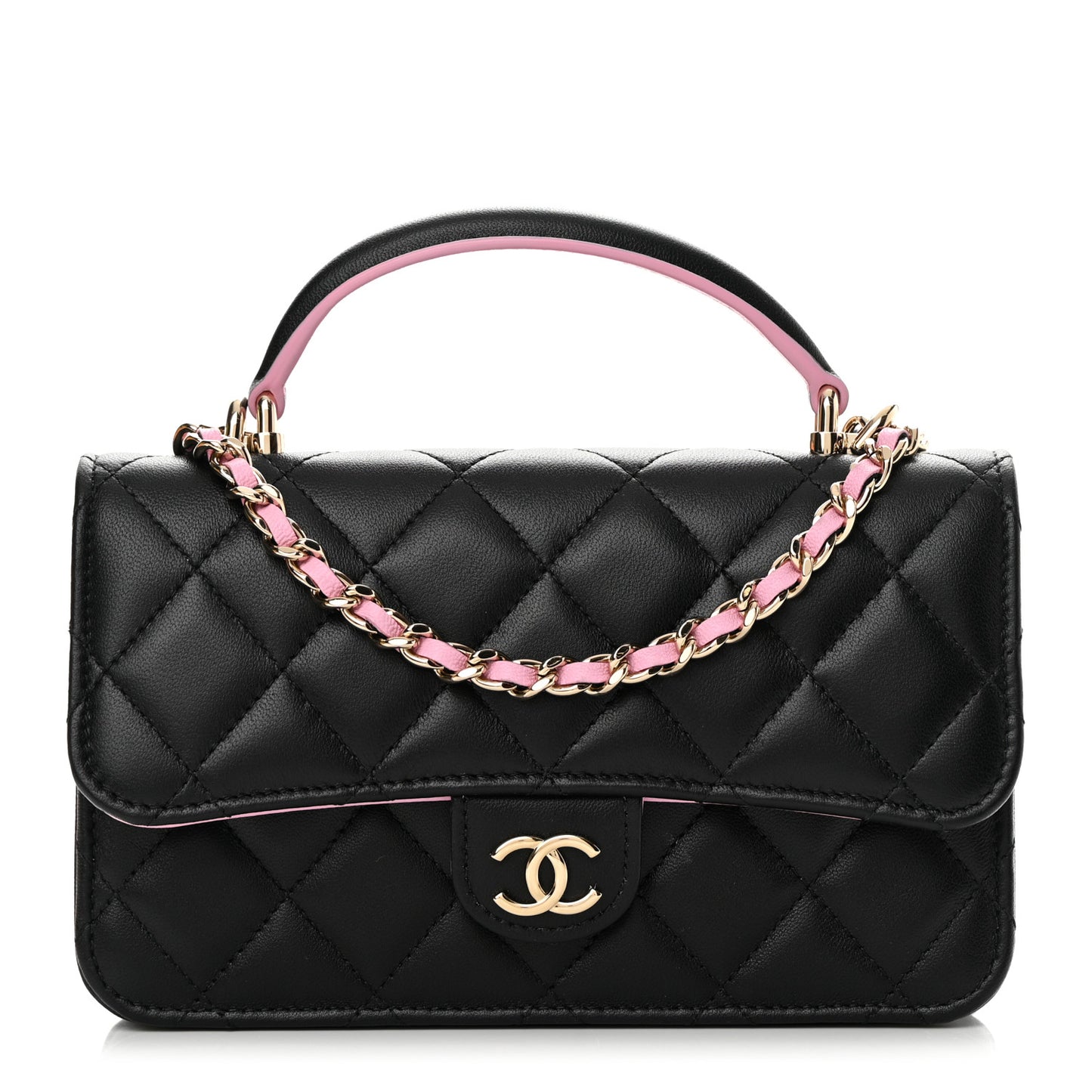 Lambskin Quilted Flap Phone Holder With Chain Black Lilac