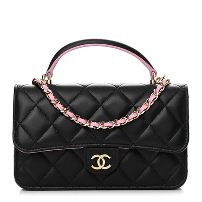 Chanel Lambskin Quilted Flap Phone Holder With Chain Black Lilac 1 of 15