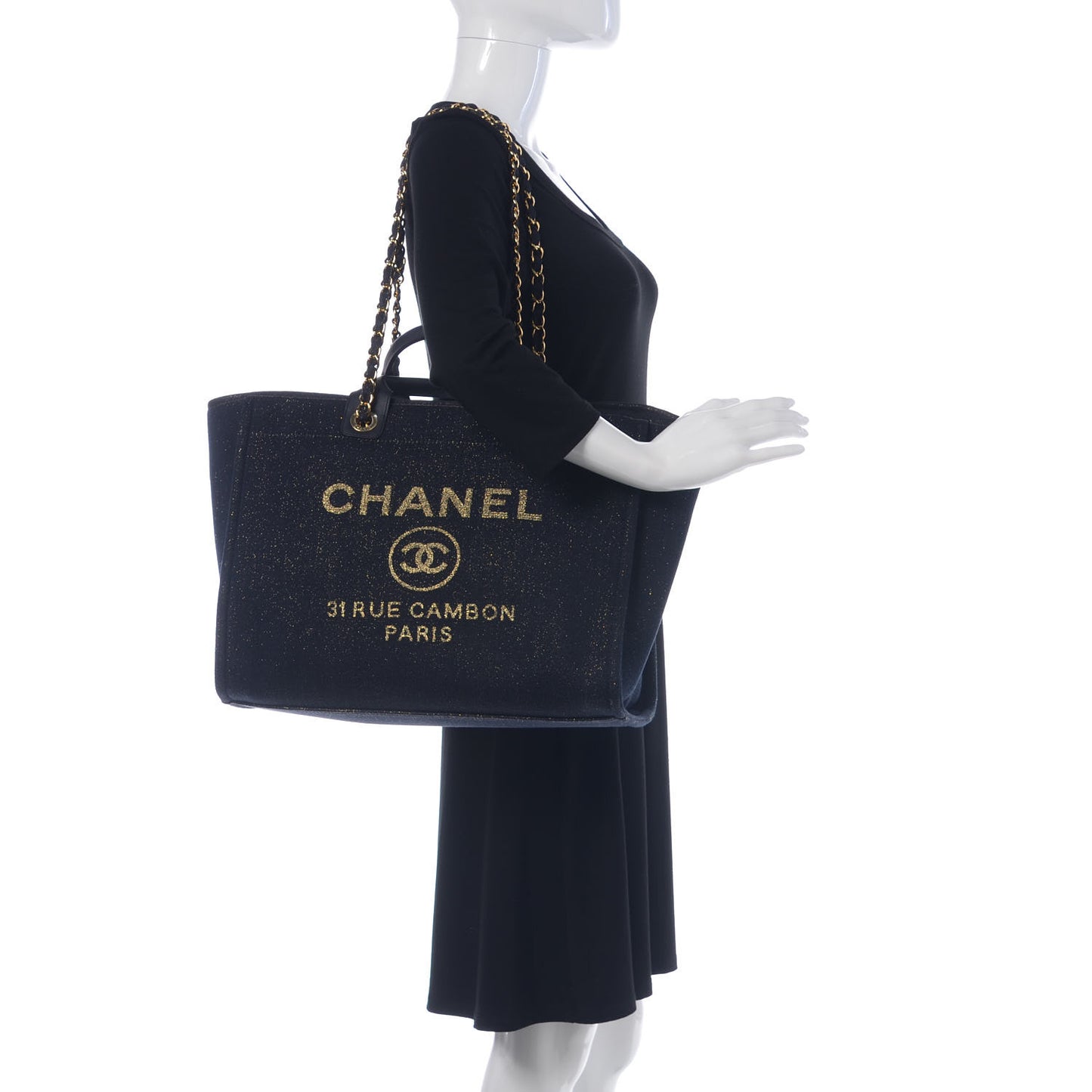 Lurex Canvas Medium Deauville Tote Navy Blue Gold