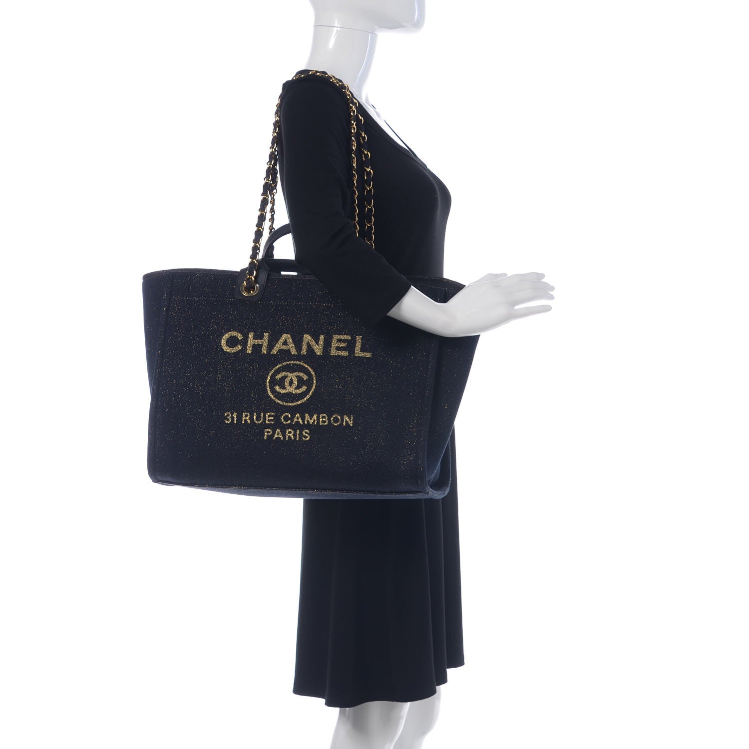 Chanel Lurex Canvas Medium Deauville Tote Navy Blue Gold 2 of 7