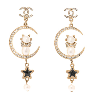 Chanel Metal Pearl Strass Resin CC Cat Moon Earrings Gold 1 of 4
