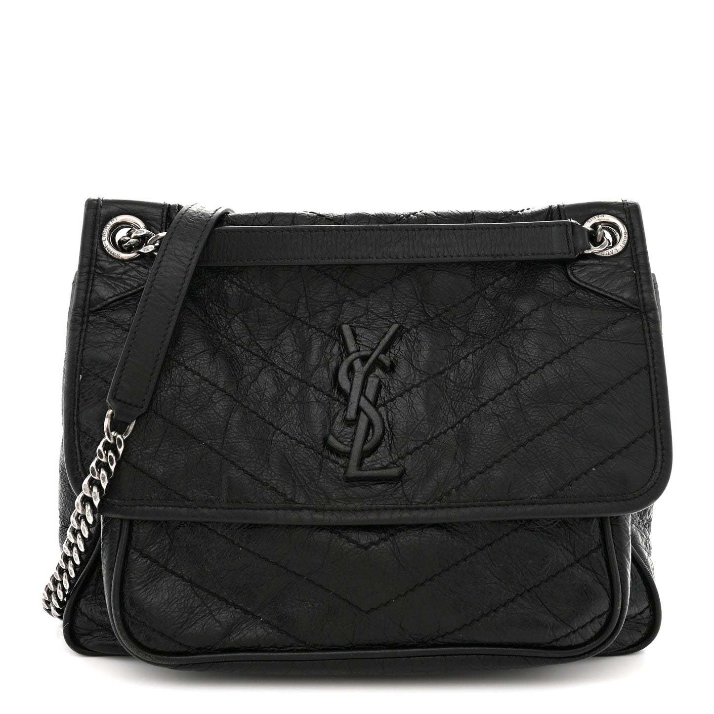 Crinkled Calfskin Matelasse Monogram Medium Niki Chain Satchel Black