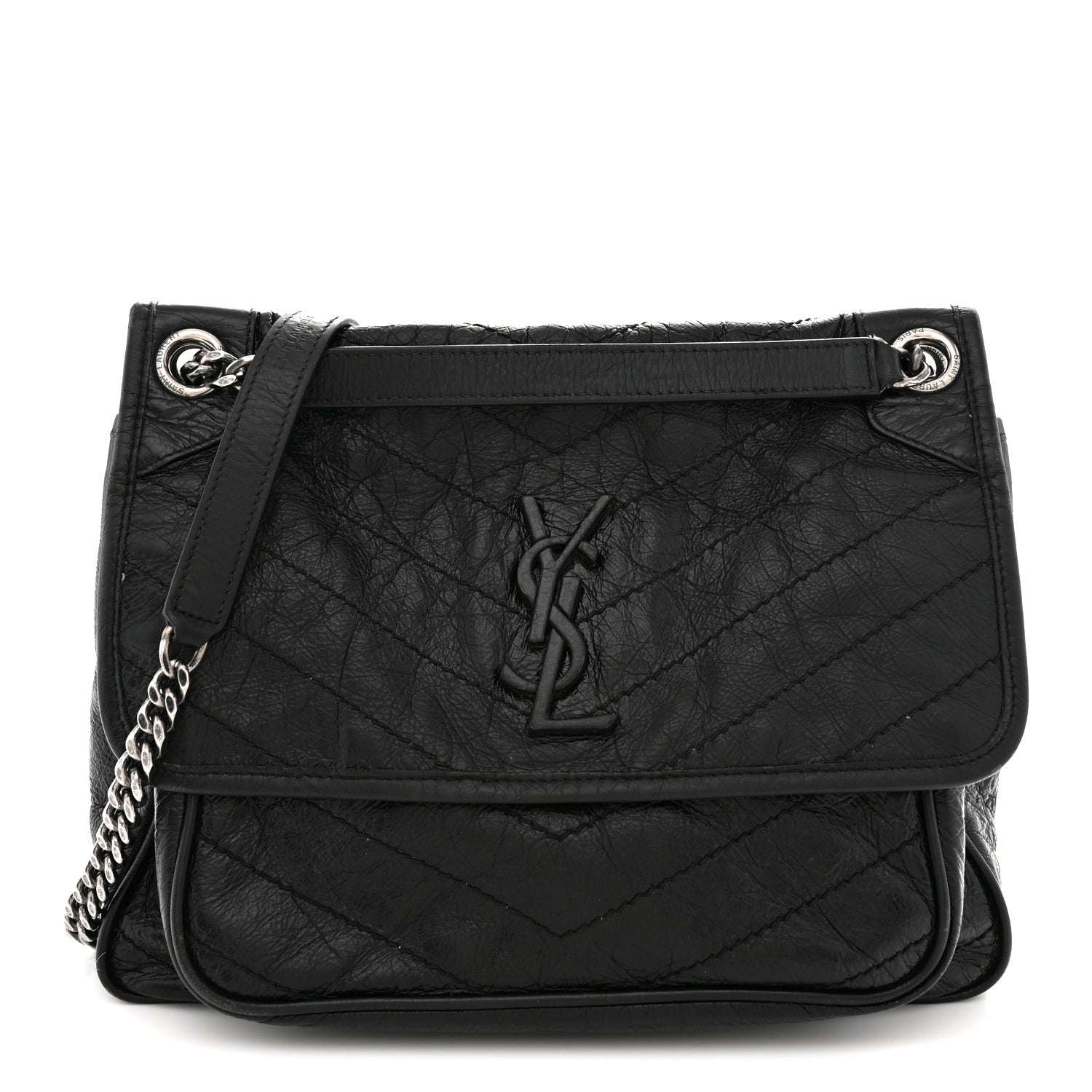 Saint Laurent Crinkled Calfskin Matelasse Monogram Medium Niki Chain Satchel Black 1 of 16