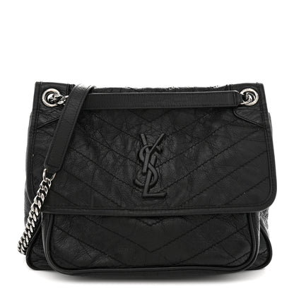 Saint Laurent Crinkled Calfskin Matelasse Monogram Medium Niki Chain Satchel Black 1 of 16
