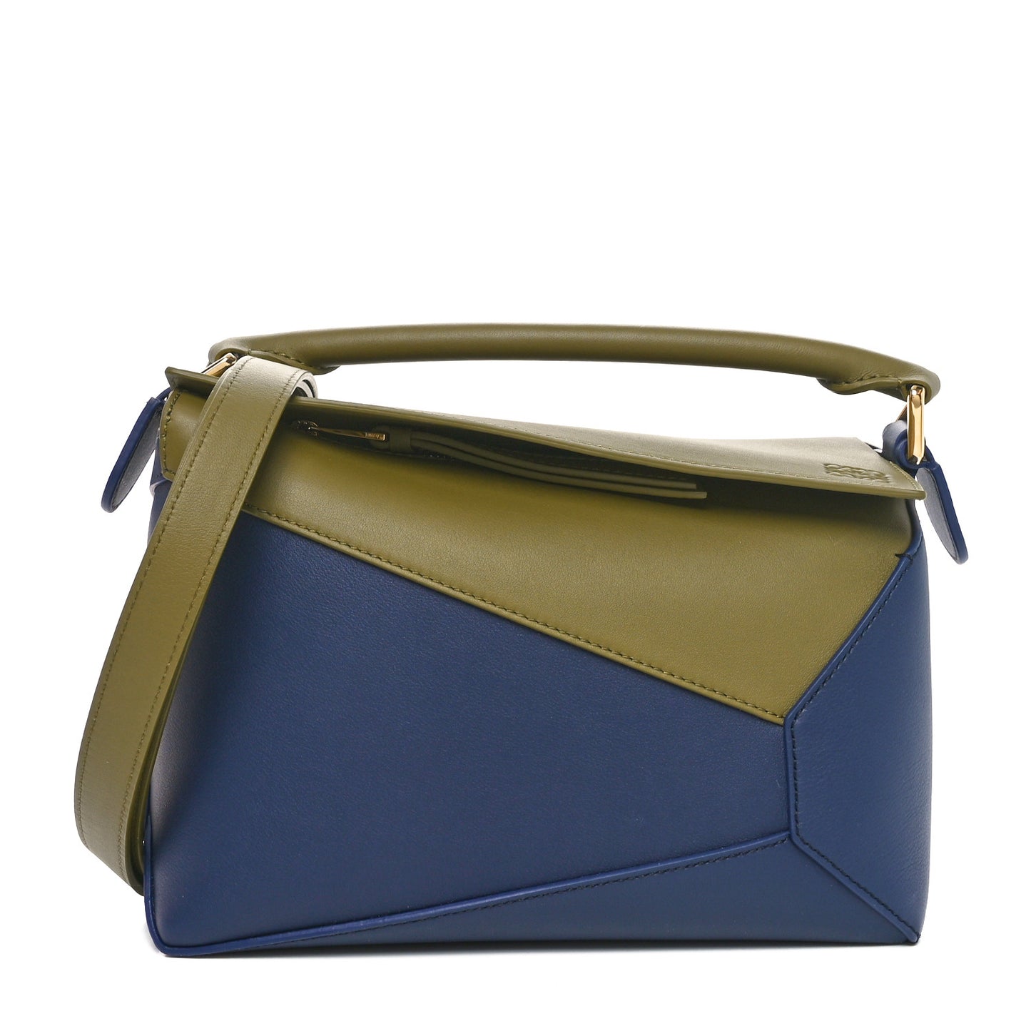 Calfskin Small Puzzle Edge Bag Olive Abyss Blue