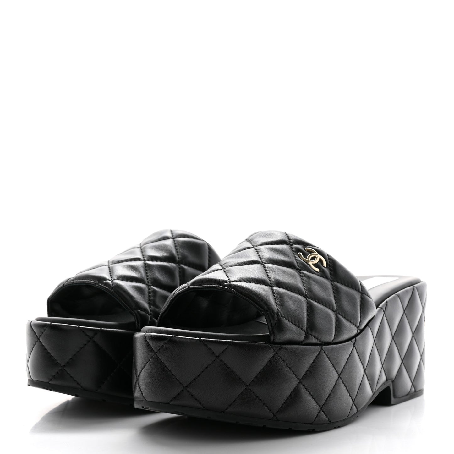 Lambskin Quilted CC Mules Wedge Sandals 41 Black