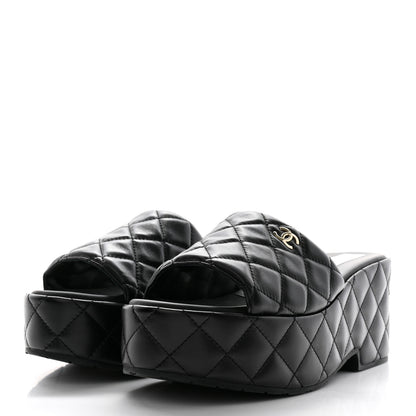 Chanel Lambskin Quilted CC Mules Wedge Sandals 41 Black 3 of 9
