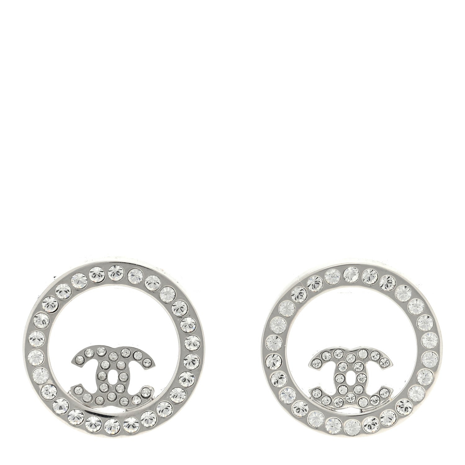 Chanel Crystal CC Round Earrings Silver 1 of 4