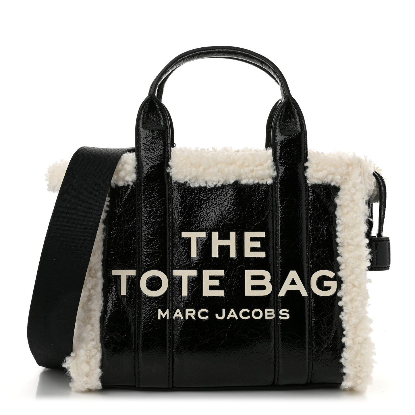 Shiny Calfskin Faux Shearling Mini The Traveler Tote Bag Black