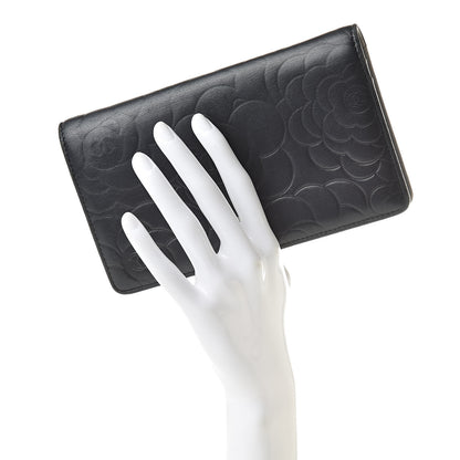 Chanel Lambskin Camellia Embossed Yen Wallet Black 2 of 12