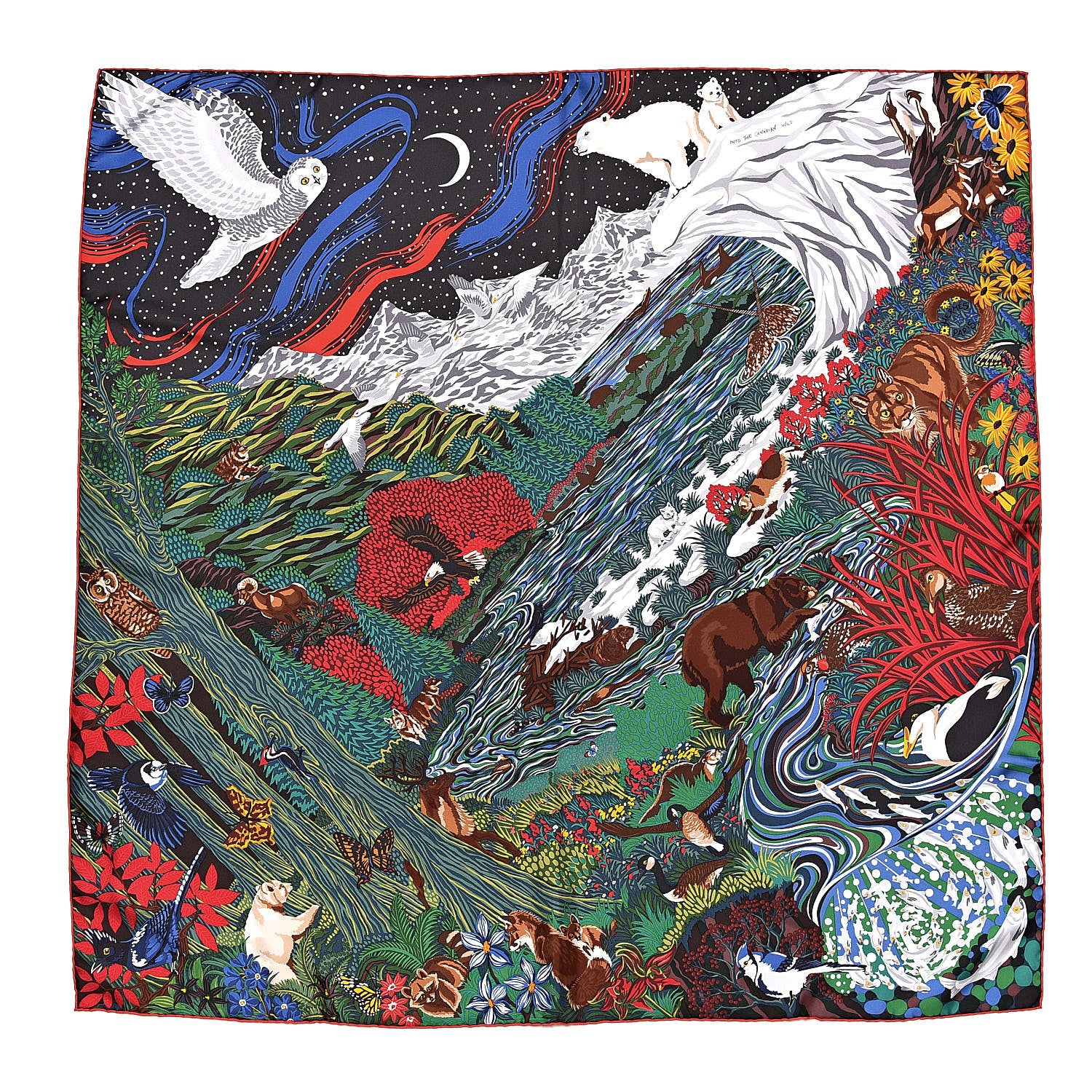Hermes Silk Into the Canadian Wild Scarf 90 Vert Rouge Brun 1 of 4