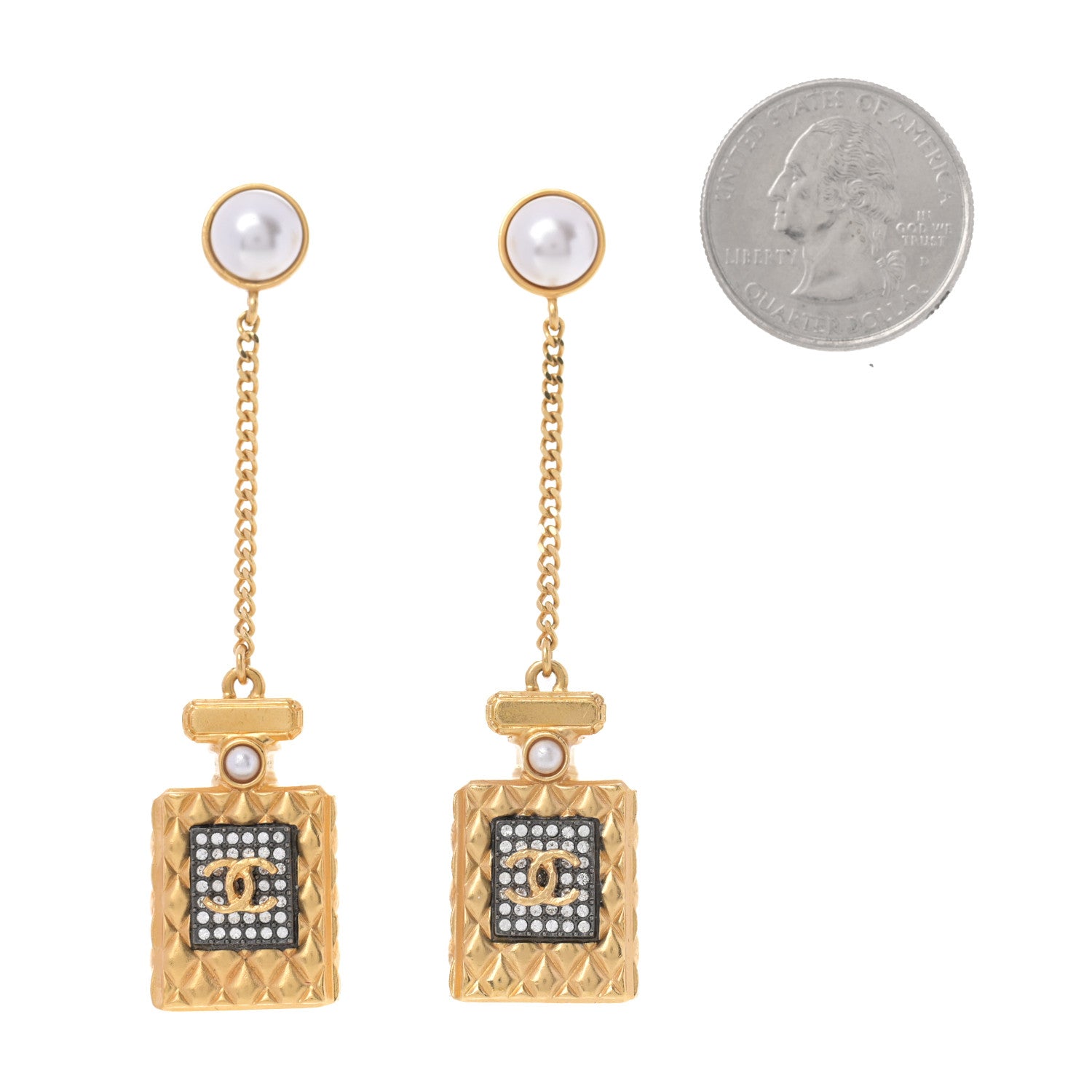 Chanel Crystal Pearl CC Perfume Bottle Chain Drop Earrings Gold 2 of 5